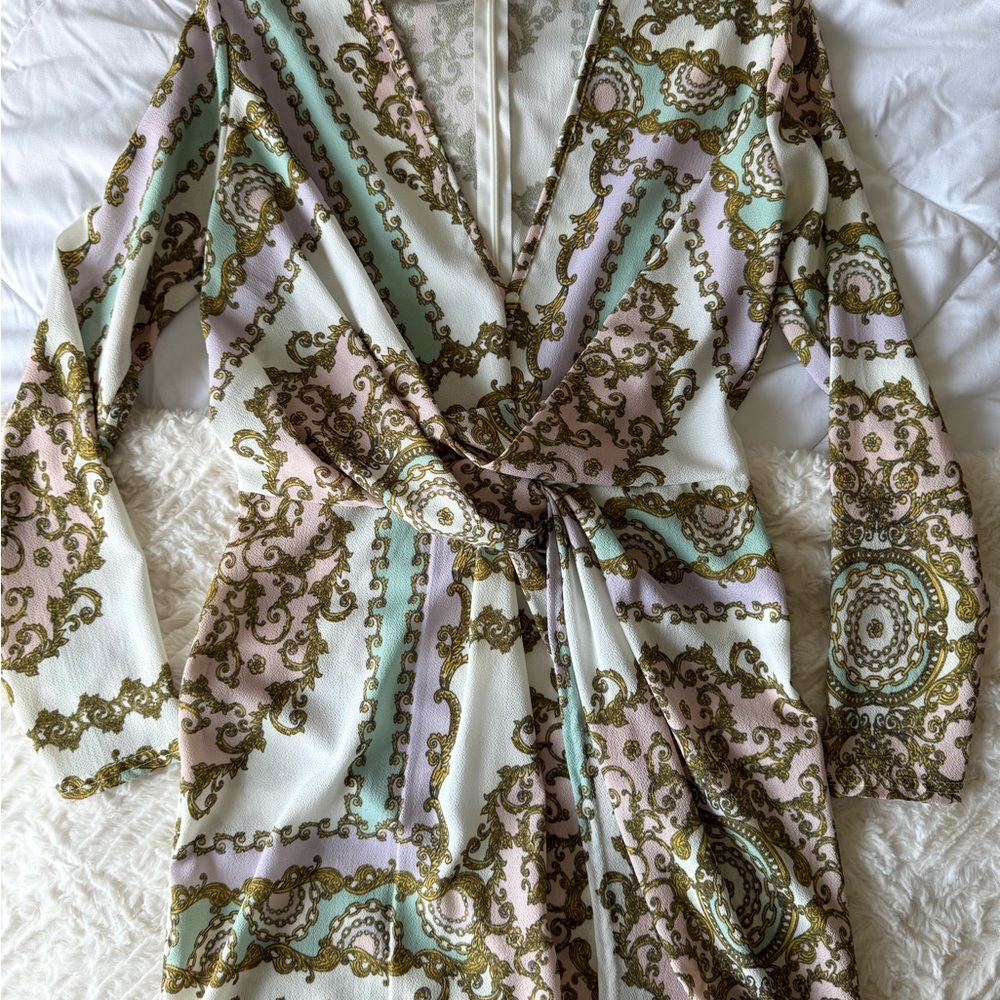 Patterned Wrap Long Sleeve Mini Dress